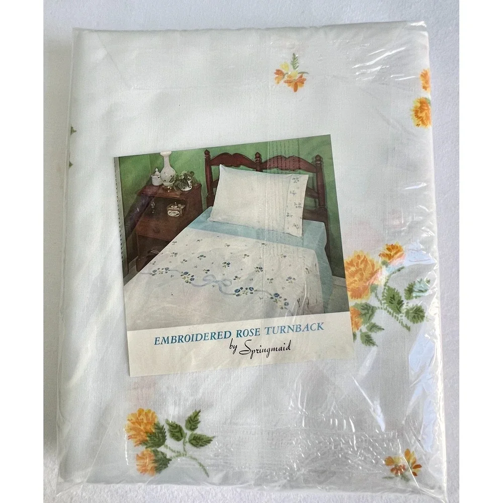Springmaid Luxury Muslin Double Flat Sheet Embroidered Rose Yellow Floral Cotton